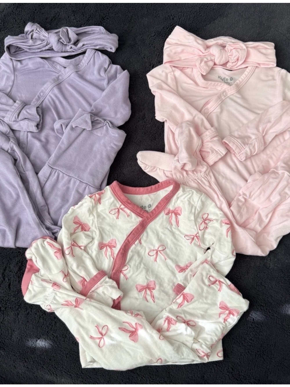 3-Pack Baby Girls Wrap Pajama Set - Pink, Lavender, White with Pink Bows -